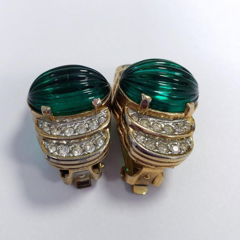 Art Deco Carved Green Open Back Crystal Clip on Earrings in Gold, Early 1900s Back Hardw
