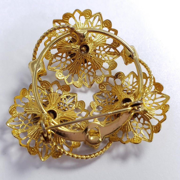 Watermelon Rivoli Crystal Flower Pin Brooch in Gold, Early-Mid 1900s