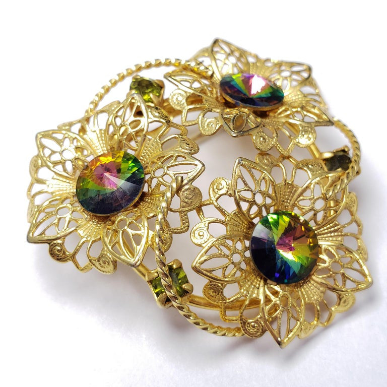 Watermelon Rivoli Crystal Flower Pin Brooch in Gold, Early-Mid 1900s