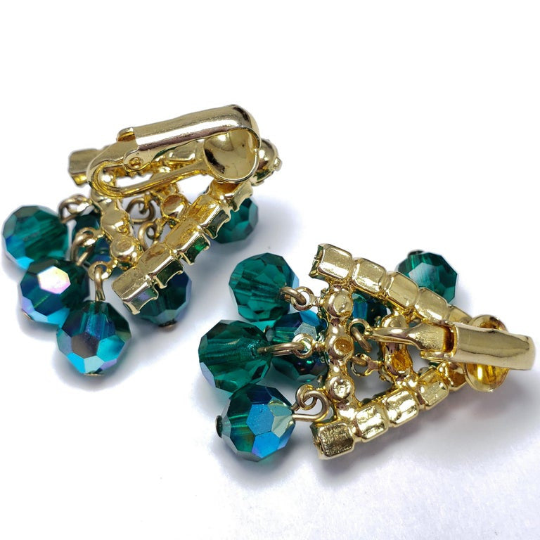 Green Dangling Cluster Crystal Clip on Earrings in Gold, 1900s