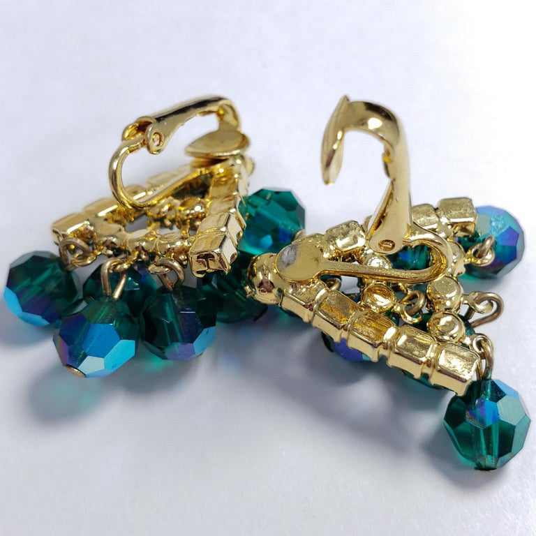 Green Dangling Cluster Crystal Clip on Earrings in Gold, 1900s