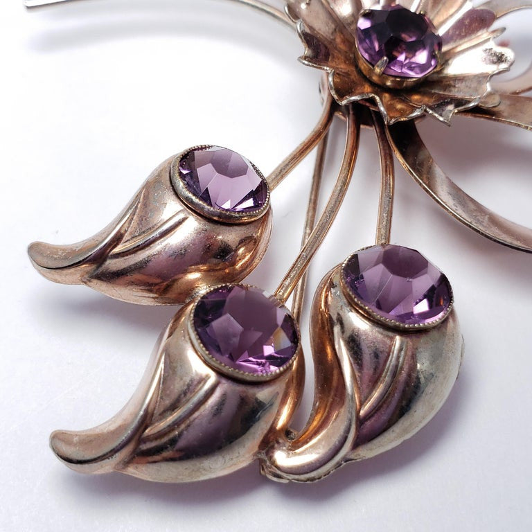 Amethyst Crystal Sterling Silver Flower Pin Brooch, Mid 1900s Collectible