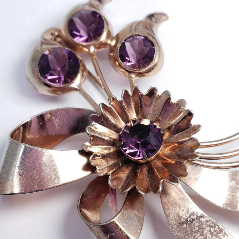 Amethyst Crystal Sterling Silver Flower Pin Brooch, Mid 1900s Collectible