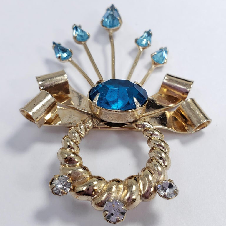 Scitarelli Flower and Bow Blue and White Crystal Pin Brooch Pendant, 1950s