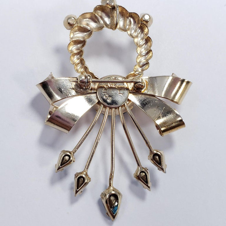 Scitarelli Flower and Bow Blue and White Crystal Pin Brooch Pendant, 1950s