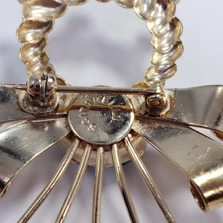 Scitarelli Flower and Bow Blue and White Crystal Pin Brooch Pendant, 1950s
