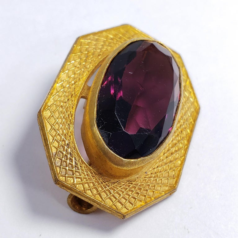 Art Deco Amethyst Colored Crystal and Gold Tone Geometrical Bezel Pin Brooch