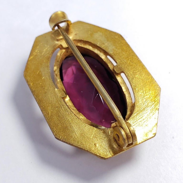 Art Deco Amethyst Colored Crystal and Gold Tone Geometrical Bezel Pin Brooch