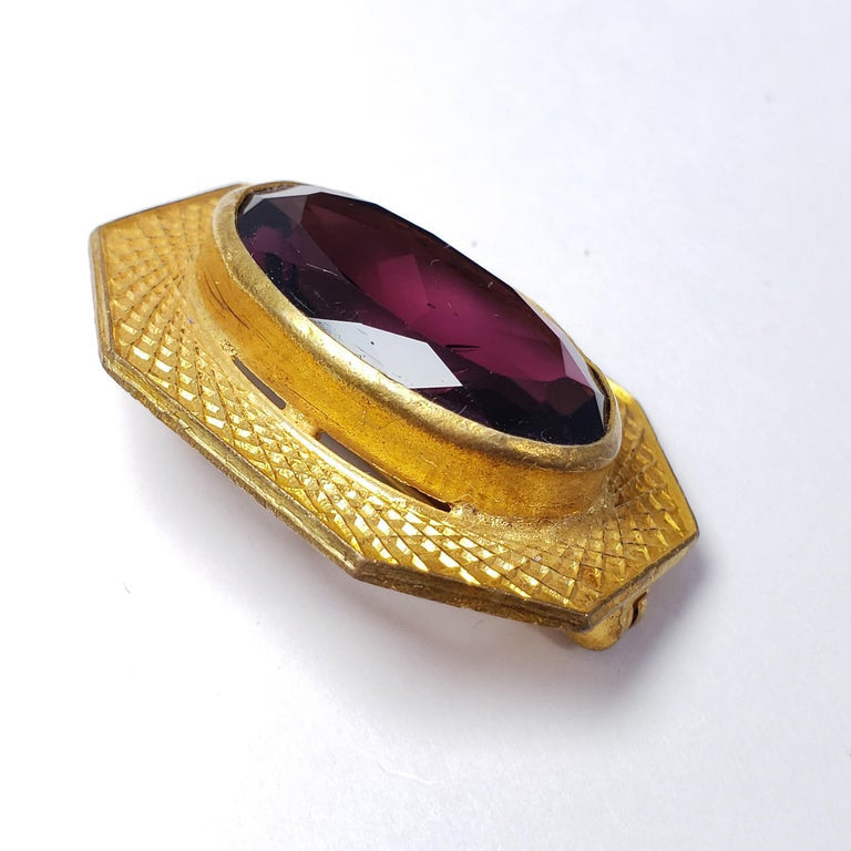 Art Deco Amethyst Colored Crystal and Gold Tone Geometrical Bezel Pin Brooch