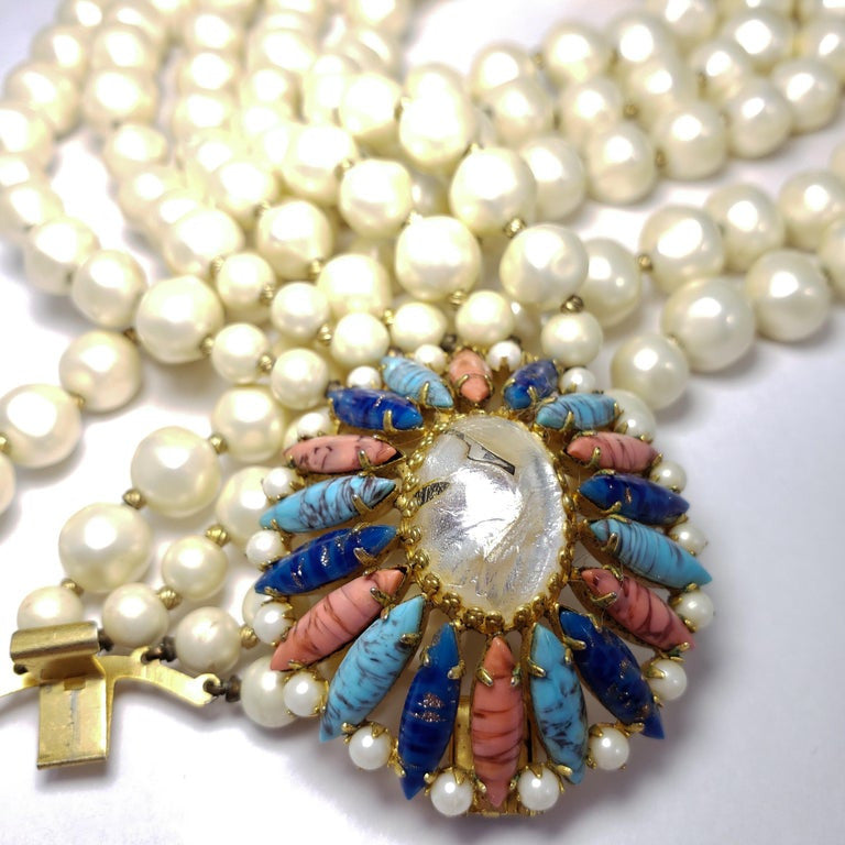 Marvella Five Strand Faux Pearl Necklace & Crystal Clasp