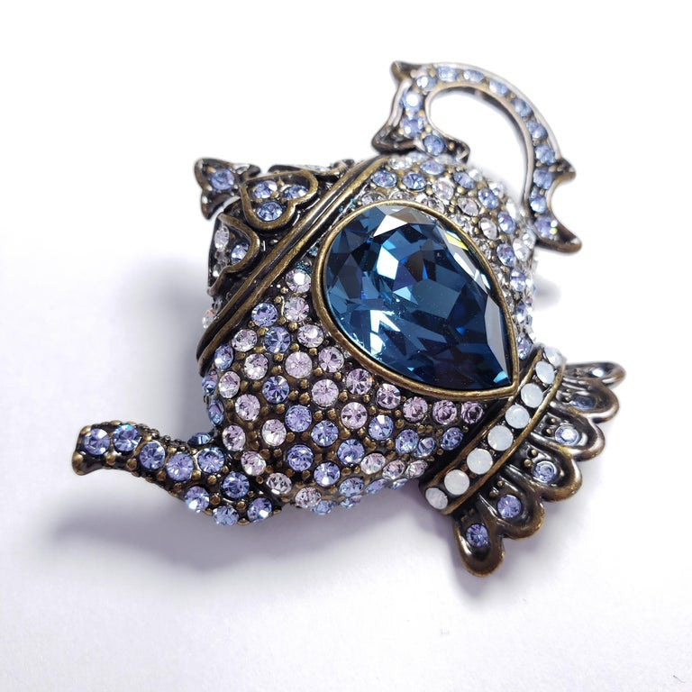 Heidi Daus "My Cup of Tea" Pave Clear and Blue Crystal Teapot Pin Brooch