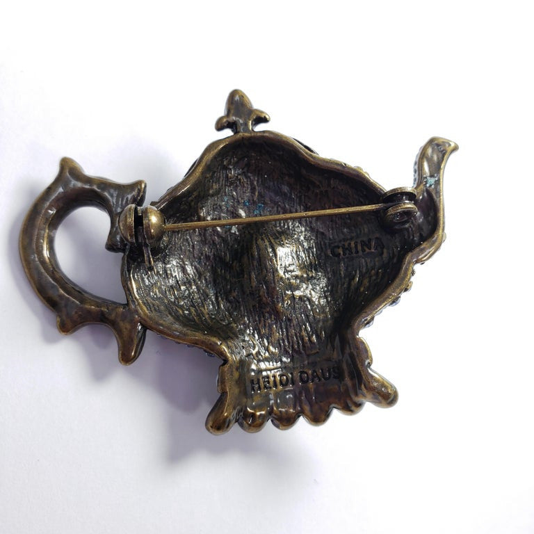 Heidi Daus "My Cup of Tea" Pave Clear and Blue Crystal Teapot Pin Brooch