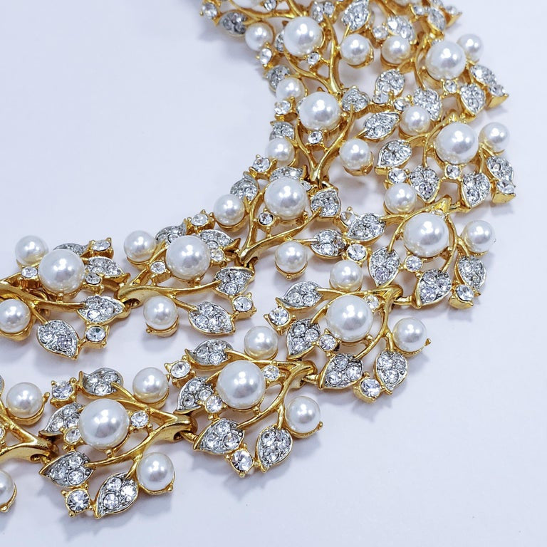 KJL Kenneth Jay Lane Floral Gold Crystal and Faux Pearl Leaf Link Necklace