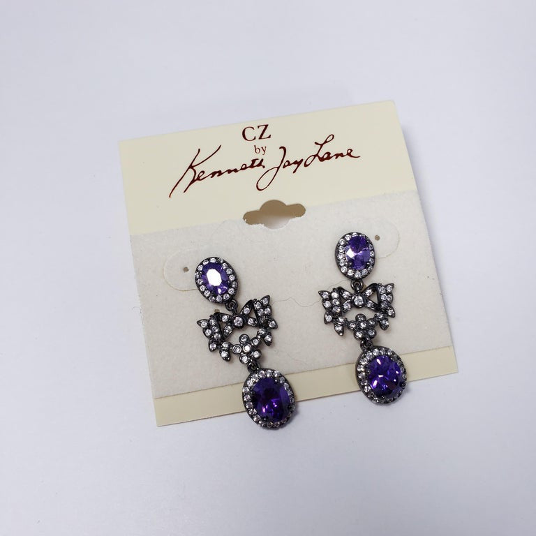 CZ by Kenneth Jay Lane Amethyst Crystal Drop Earrings with Bow Motifs, Post Back