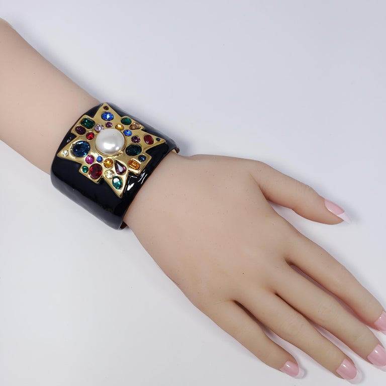 KJL Kenneth Jay Lane Jeweled Maltese Cross Black Enamel Cuff Bracelet in Gold