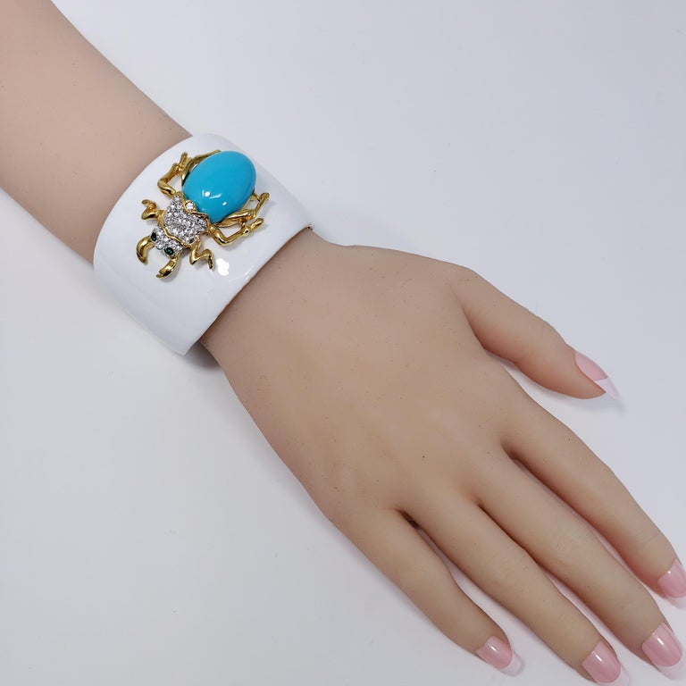 KJL Kenneth Jay Lane White Enamel Crystal  Resin Scarab Cuff Bracelet in Gold