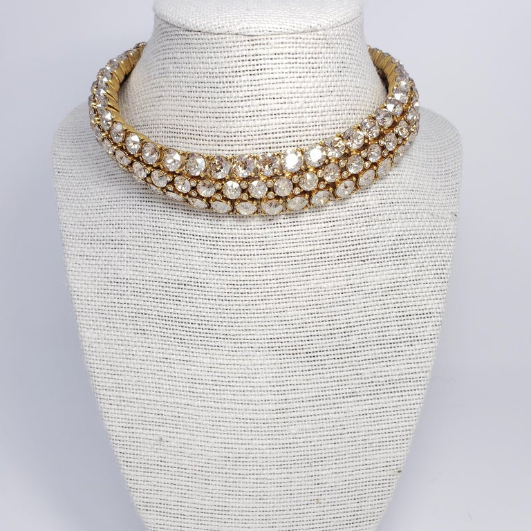 Oscar de la Renta Pave Clear Crystal Gold Choker Collar Necklace, Three Row