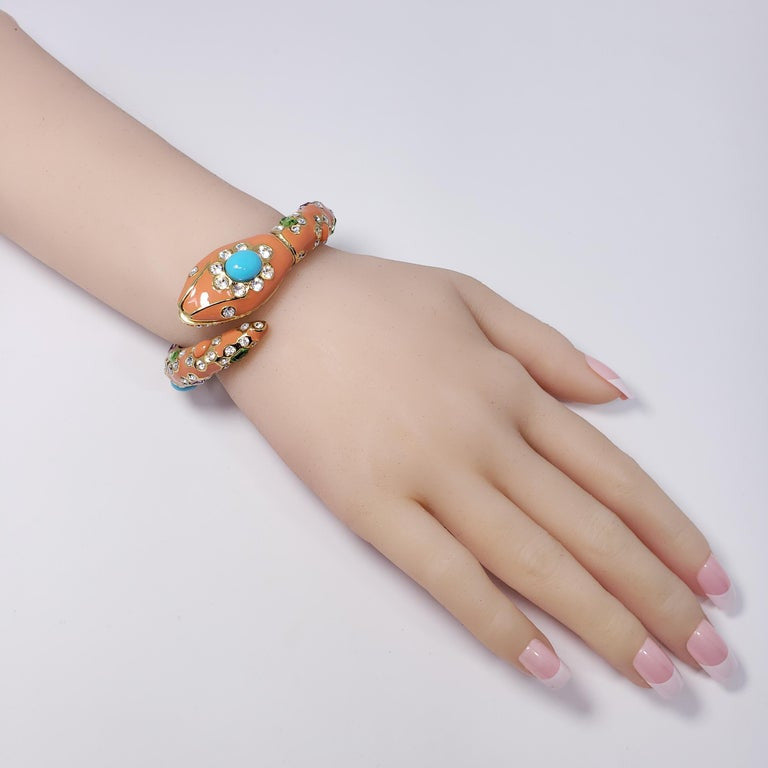 KJL Kenneth Jay Lane Embellished Crystal and Coral Enamel Snake in Cuff Bracelet