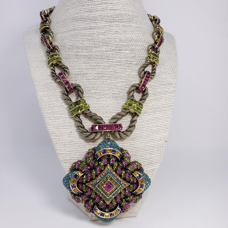 Heidi Daus Embellished Large Pendant Pave Crystal Rope Motif Link Necklace