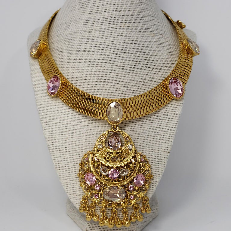 Oscar de la Renta Jeweled Collar Necklace in Gold, Rose and Topaz Crystals