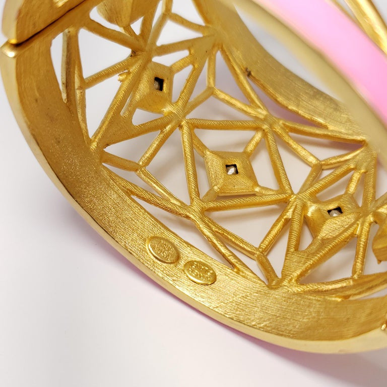 Kenneth Jay Lane KJL Geometric Chunky Gold Bangle Bracelet with Pink Accents