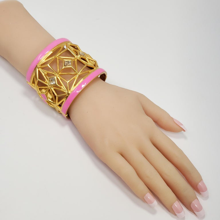 Kenneth Jay Lane KJL Geometric Chunky Gold Bangle Bracelet with Pink Accents