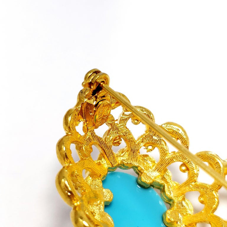 KJL Kenneth Jay Lane Crystal Turquoise and Coral Cabochon Pin Brooch