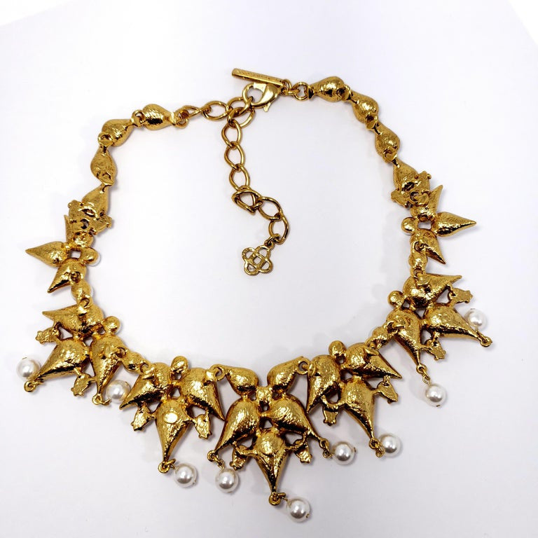 Oscar de la Renta Teardrop White Glass Cabochon and Faux Pearl Collar Necklace