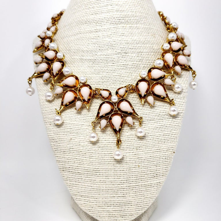 Oscar de la Renta Teardrop White Glass Cabochon and Faux Pearl Collar Necklace