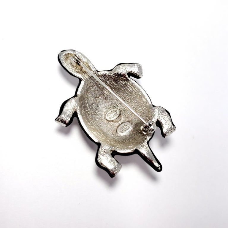 KJL Kenneth Jay Lane Embellished Pave Crystal Turtle Silver Brooch, Black Enamel