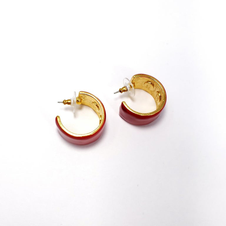 KJL Kenneth Jay Lane Cherry Red Enamel Hoop Style Earrings in Gold, Post Back