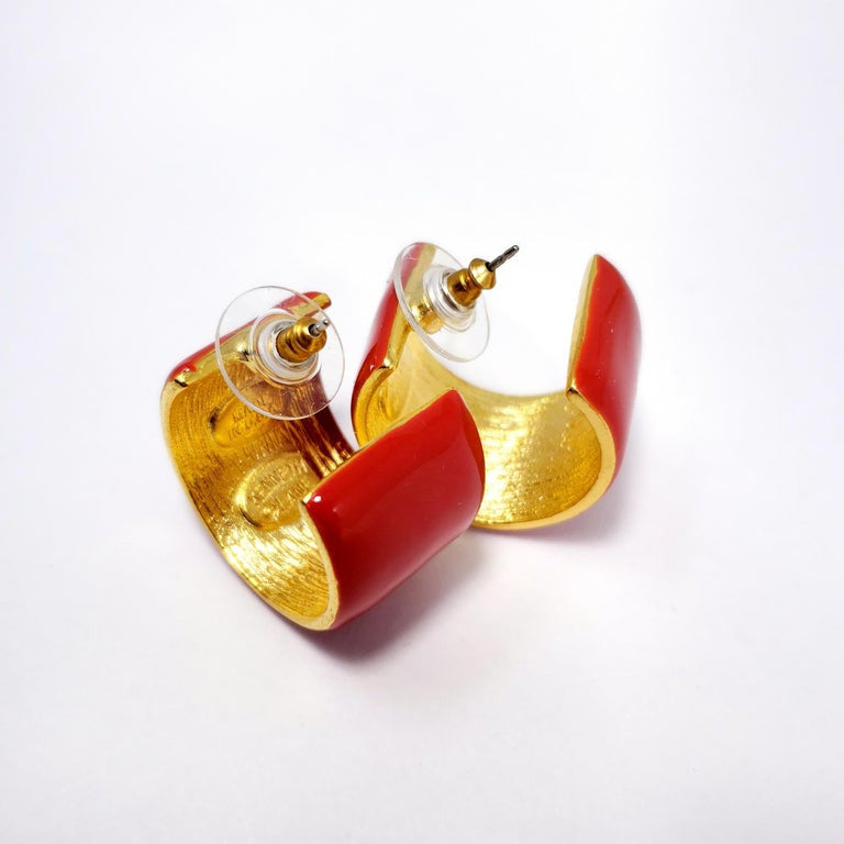 KJL Kenneth Jay Lane Cherry Red Enamel Hoop Style Earrings in Gold, Post Back