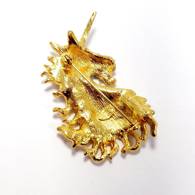 KJL Kenneth Jay Lane Unicorn Head Brooch in Gold, Pave Crystals