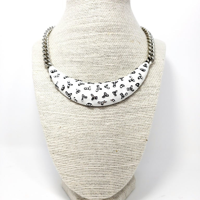 Kenneth Jay Lane KJL White and Black Enamel Crystal Collar Necklace in Silver