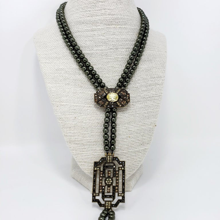 Heidi Daus Tahitian Faux Pearl Art Deco Lemon Quartz Crystal Lavalier Necklace