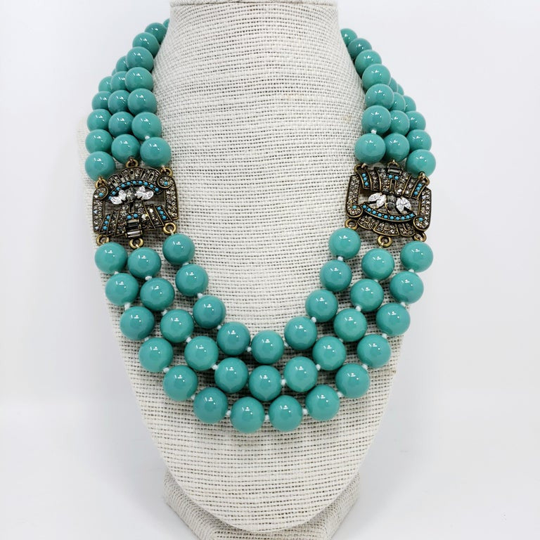 Heidi Daus Triple Strand Turquoise Bead and Crystal-Encrusted Accent Necklace