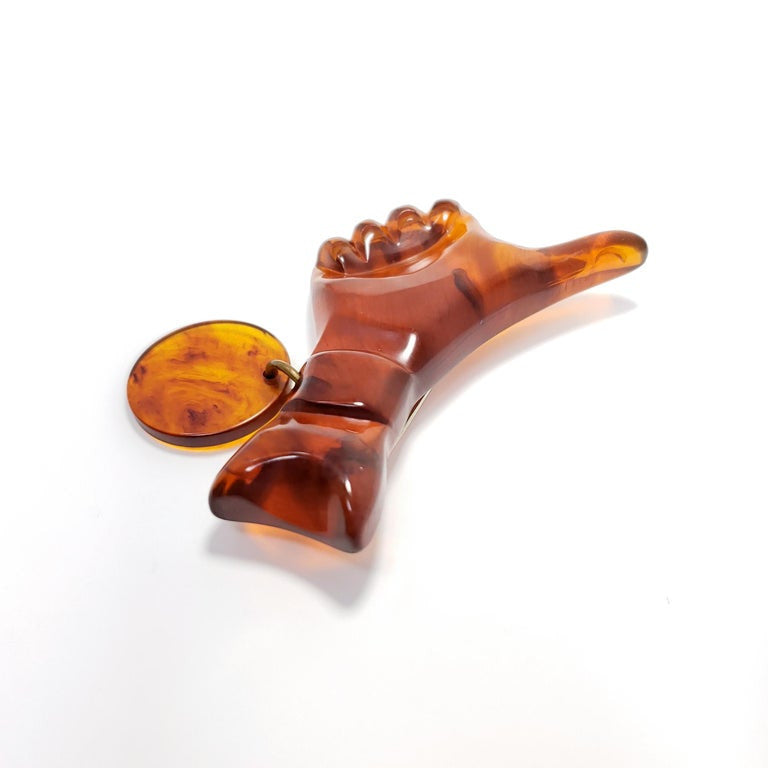 Amber Bakelite Thumbs Up Hand Pin Brooch, Early 1900s