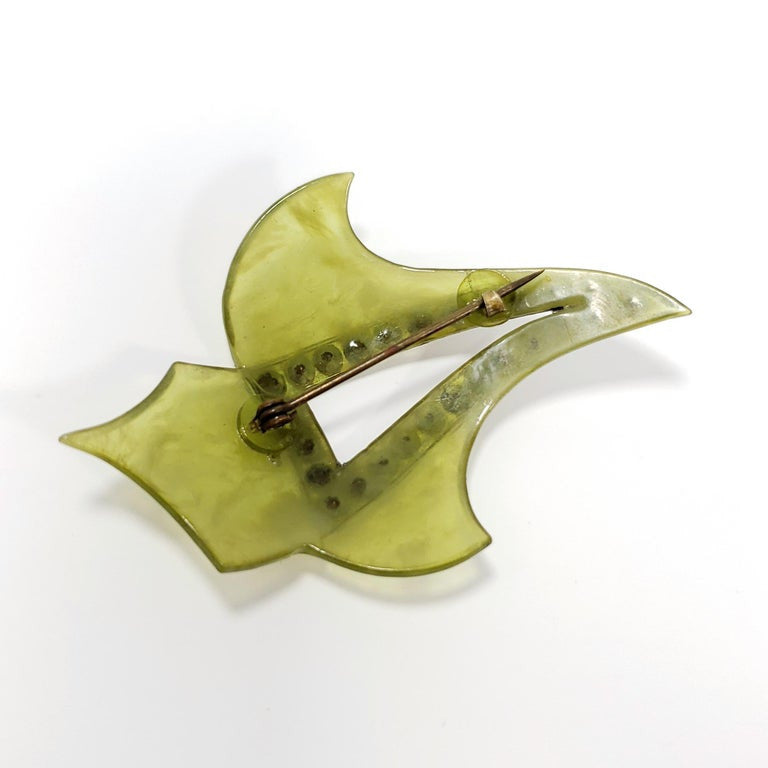 Apple Green Marbled Bakelite Crystal Encrusted Leaf Pin Brooch, Early 1900