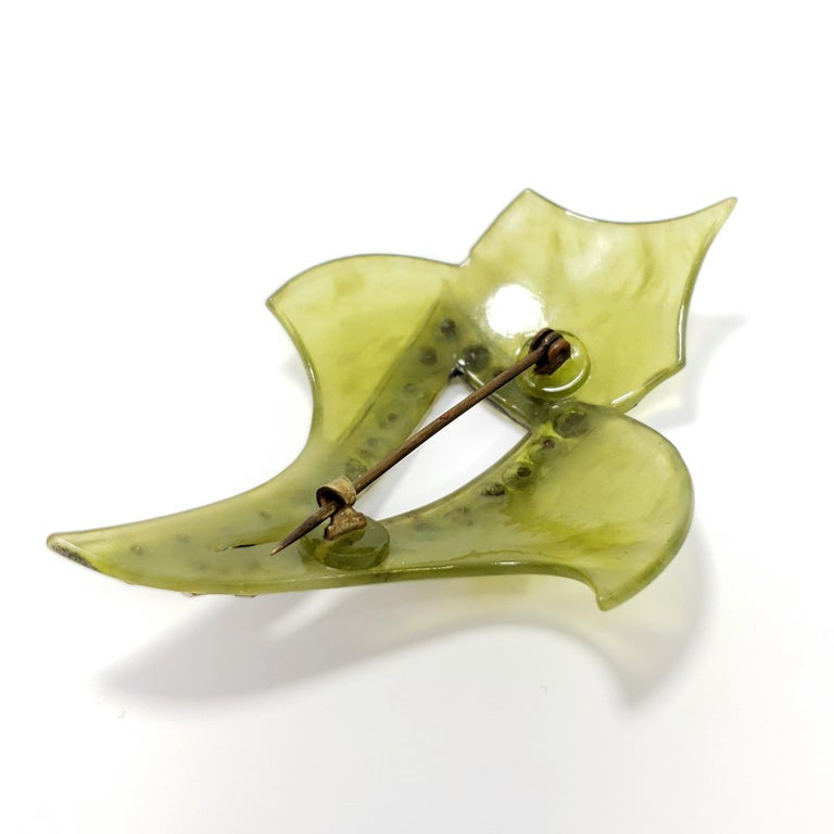Apple Green Marbled Bakelite Crystal Encrusted Leaf Pin Brooch, Early 1900