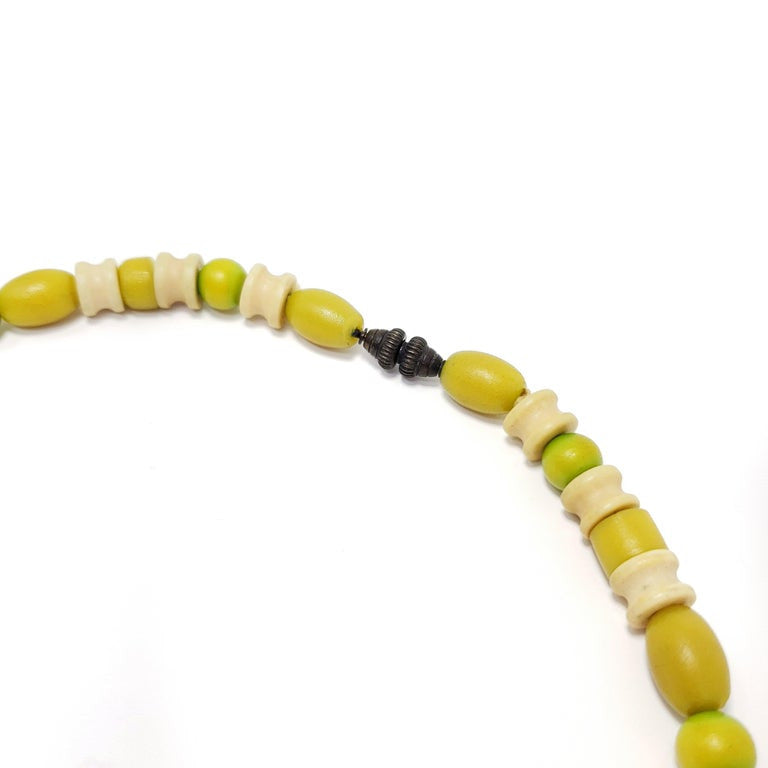 Apple Green and Cream Colored Carved Bakelite Bead Necklace, Brass Tone Clasp