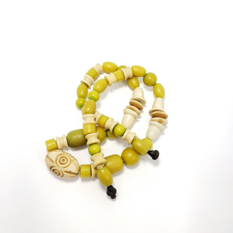 Apple Green and Cream Colored Carved Bakelite Bead Necklace, Brass Tone Clasp