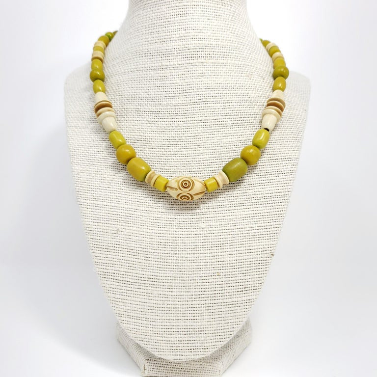 Apple Green and Cream Colored Carved Bakelite Bead Necklace, Brass Tone Clasp