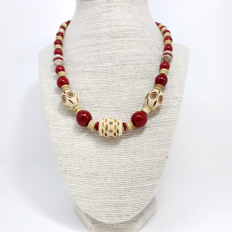 Cherry Red and Cream Colored Carved Bakelite Bead Necklace, Brass Tone Clasp