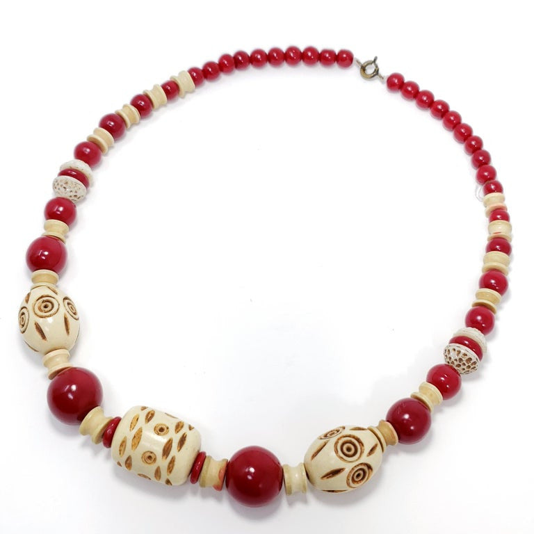 Cherry Red and Cream Colored Carved Bakelite Bead Necklace, Brass Tone Clasp