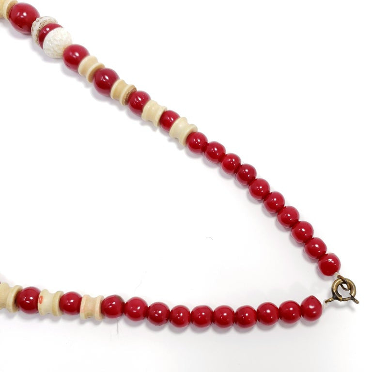 Cherry Red and Cream Colored Carved Bakelite Bead Necklace, Brass Tone Clasp