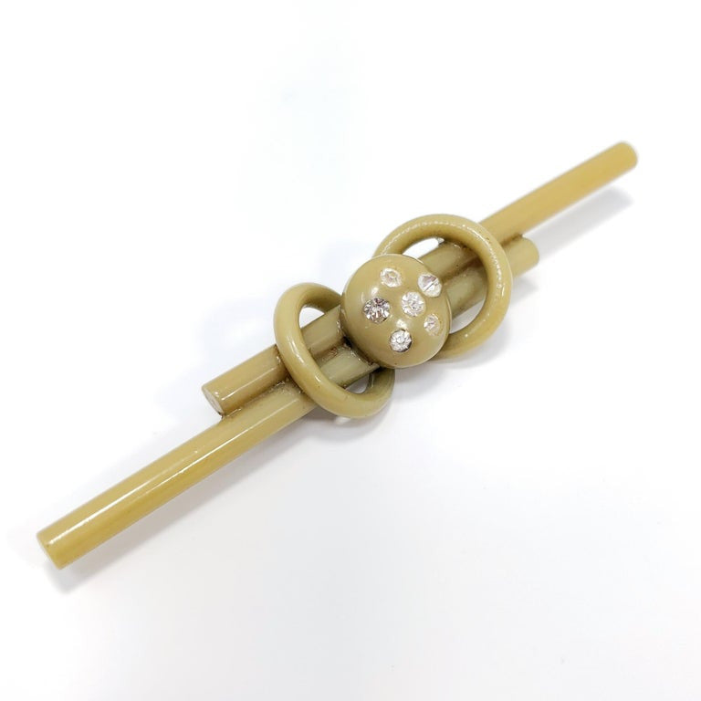 Apple Green Bakelite Crystal Encrusted Art Nouveau Pin Brooch, Early 1900