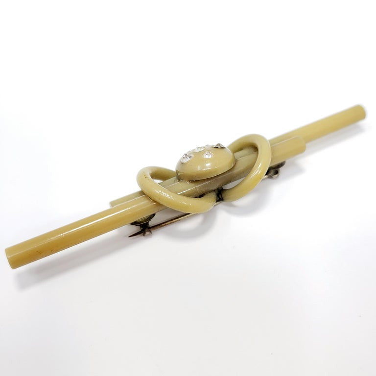 Apple Green Bakelite Crystal Encrusted Art Nouveau Pin Brooch, Early 1900