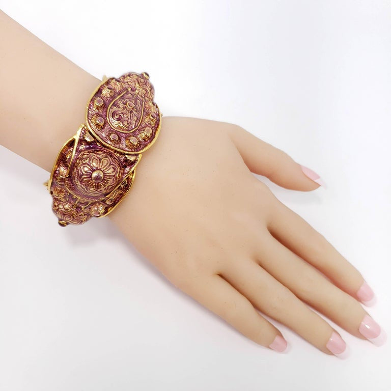 KJL Kenneth Jay Lane Blush Purple Enamel Ornate Gold Bangle Bracelet