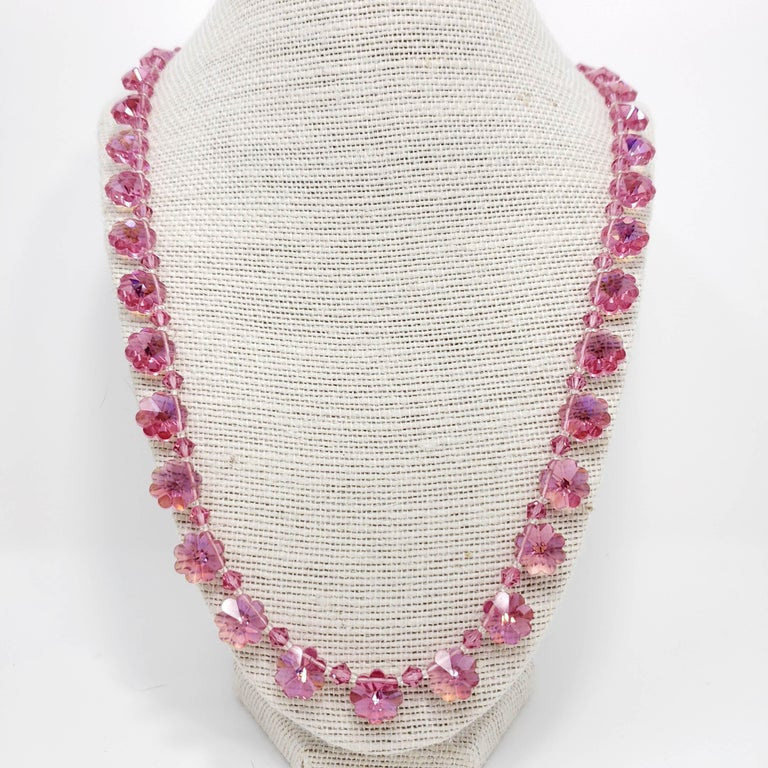 Rose Aurora Borealis Two-Tone Crystal Flower Bead Necklace, Vintage Mid 1900s