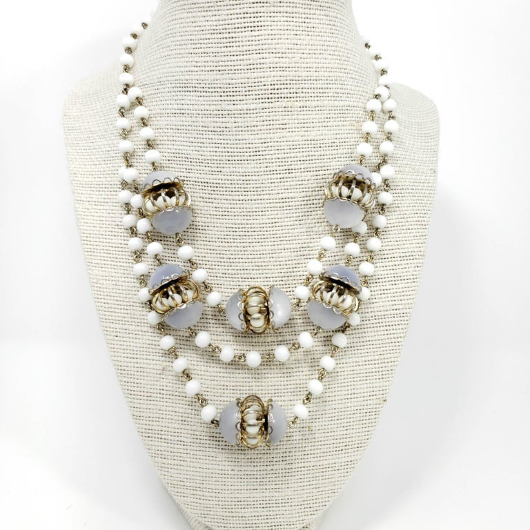 White Moonglow Lucite and Milk Glass Bead Necklace and Dangling Earrings Set